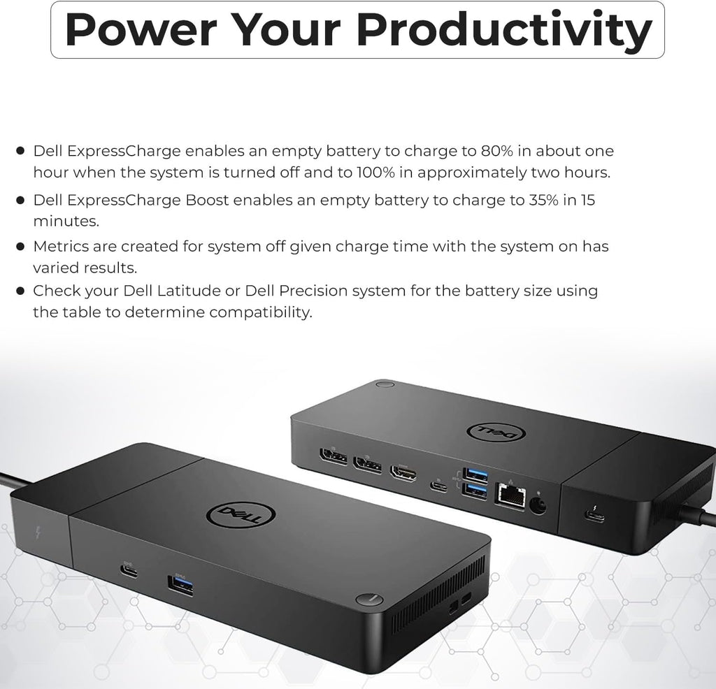 Dell WD19TBS Thunderbolt Docking Station with 180W AC Power Adapter (130W Power Delivery) Dell Docking Station + HDMI Cable + DisplayPort Cable + Thunderbolt Cable + Microfiber Cloth Included