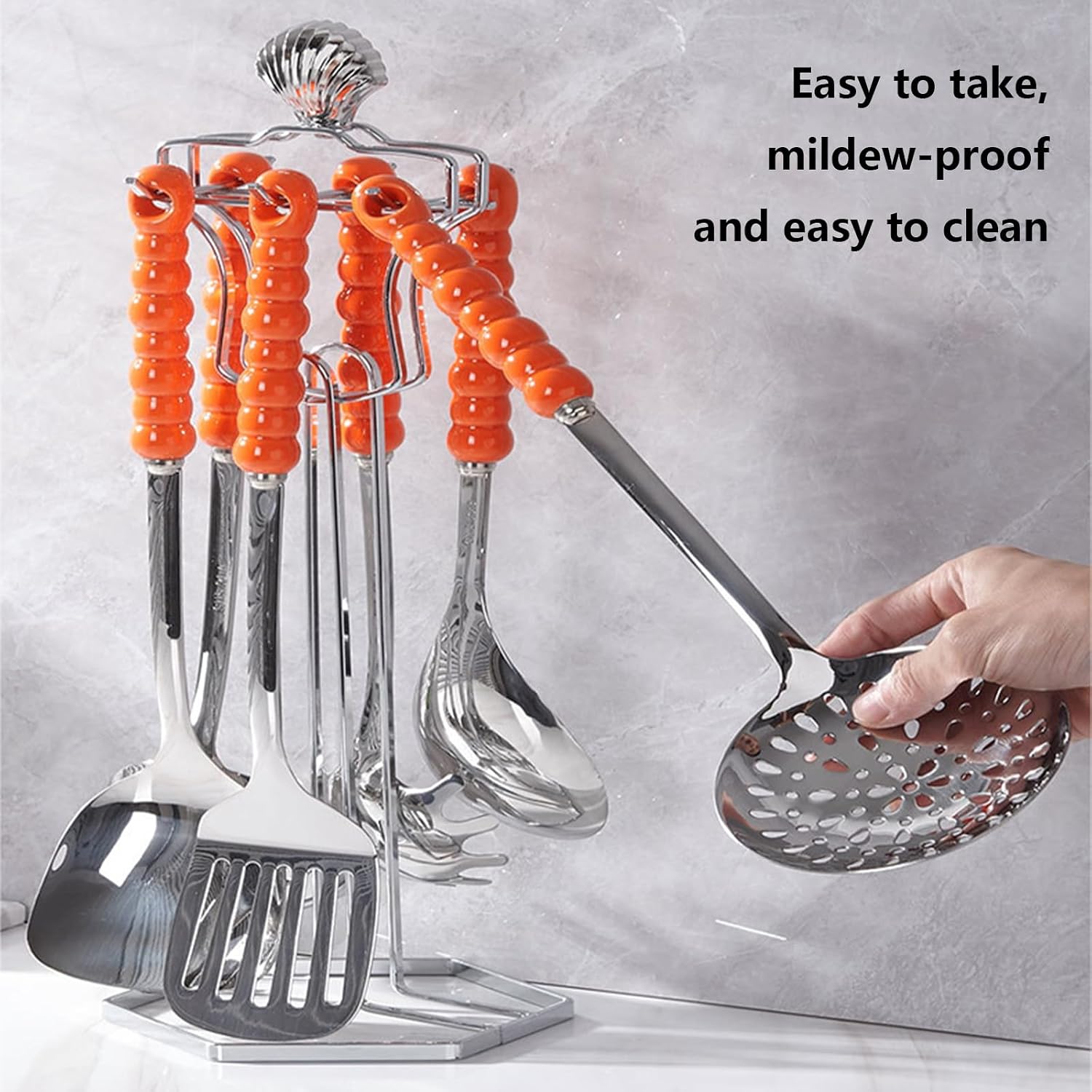 Stainless Steel Kitchenware Seven Pieces Set with Hanging Holder Ceramic Handle Kitchenware Cooking Utensils Set Dishwasher Safe Metal Kitchen Utensils Set,Emerald
