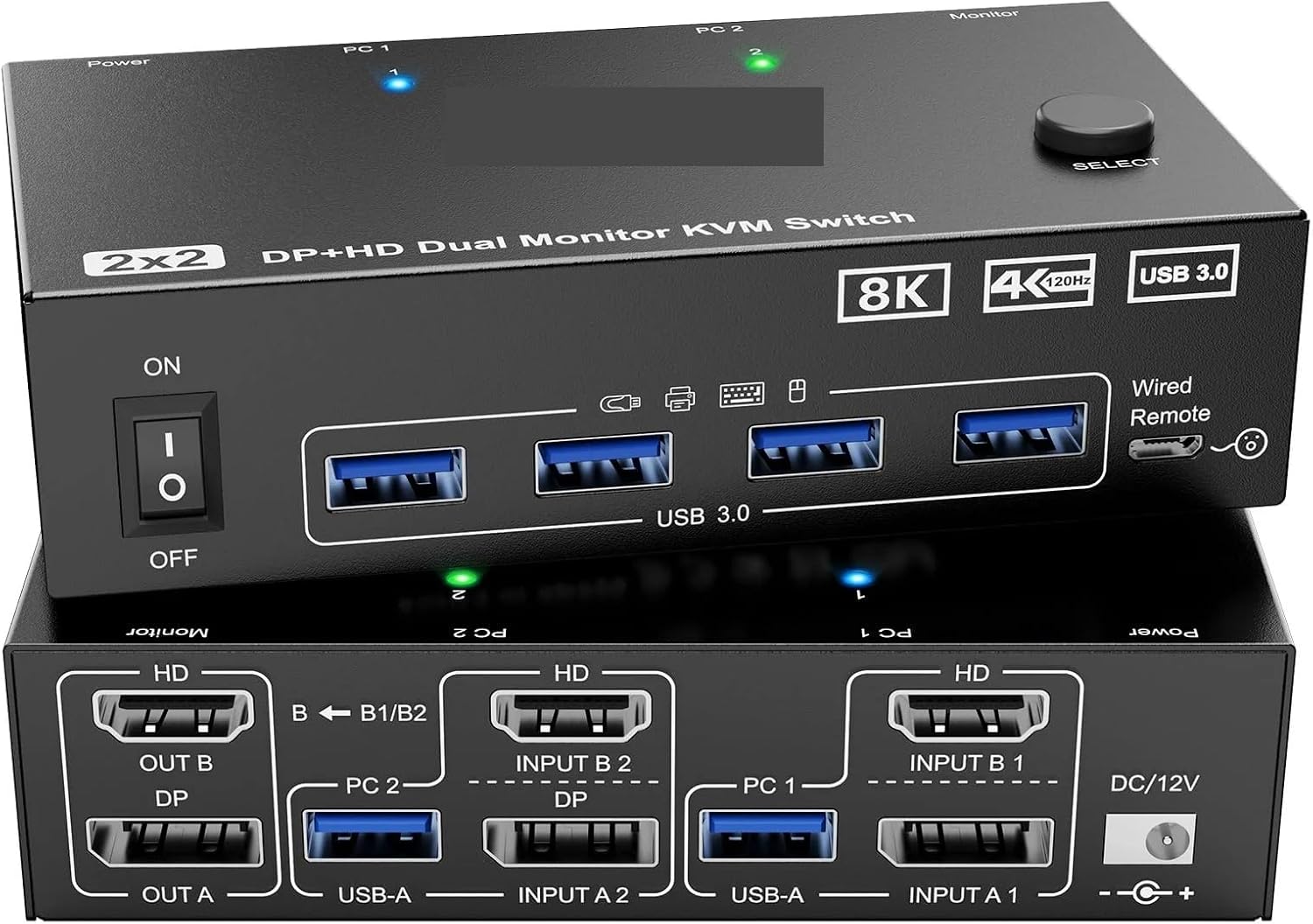Dual Monitor KVM Switch 2 Port 8K@60Hz 4K@144Hz HDMI+DP USB 3.0 Switch Extended Display 2 Monitors 2 Computers(US Power Plug)