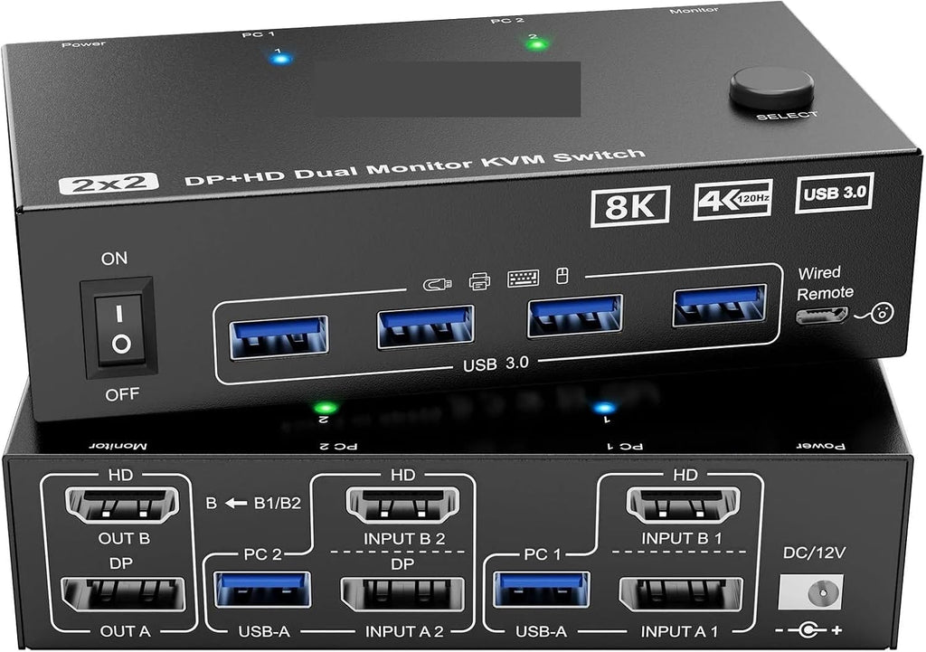 Dual Monitor KVM Switch 2 Port 8K@60Hz 4K@144Hz HDMI+DP USB 3.0 Switch Extended Display 2 Monitors 2 Computers(EU Power Plug)