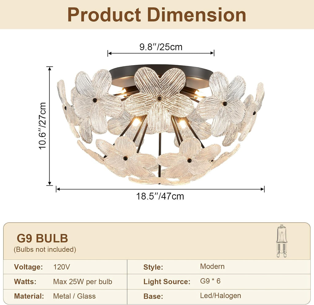 18.5' Black Semi Flush Mount Ceiling Light Fixture, Modern Flower Ceiling Light Fixture Glass Chandelier for Bedroom Bathroom Closet Entryway Foyer Hallway