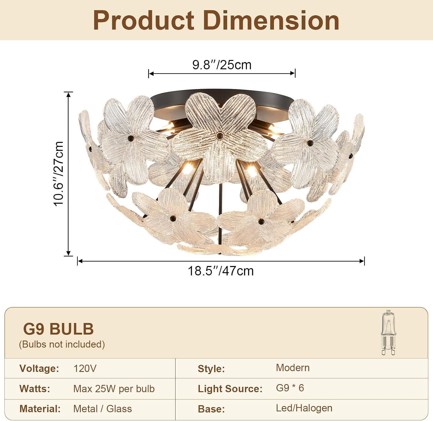 18.5' Black Semi Flush Mount Ceiling Light Fixture, Modern Flower Ceiling Light Fixture Glass Chandelier for Bedroom Bathroom Closet Entryway Foyer Hallway