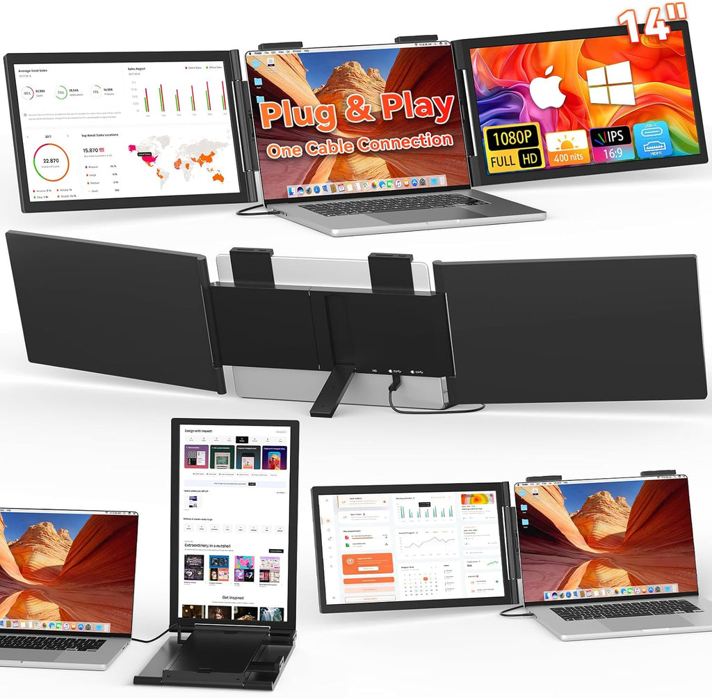 HotYeah Laptop Screen Extender, One Cable Connection (Windows & Mac), 14' 1080P Dual Portable Monitor, USB-C HDMI Wireless Travel Extended Display Triple Screen Monitor for 12-16.5' Laptop