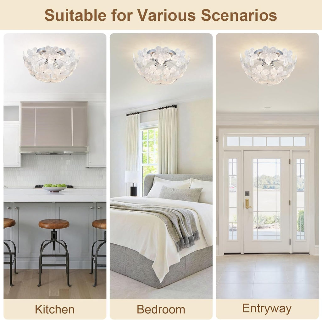 Floral Semi Flush Mount Ceiling Light Fixture Modern Flower Ceiling 6-Light Glass Chrome Chandeliers for Bedroom Closet Entryway Living Room Indoor Kitchen Foyer Hallway