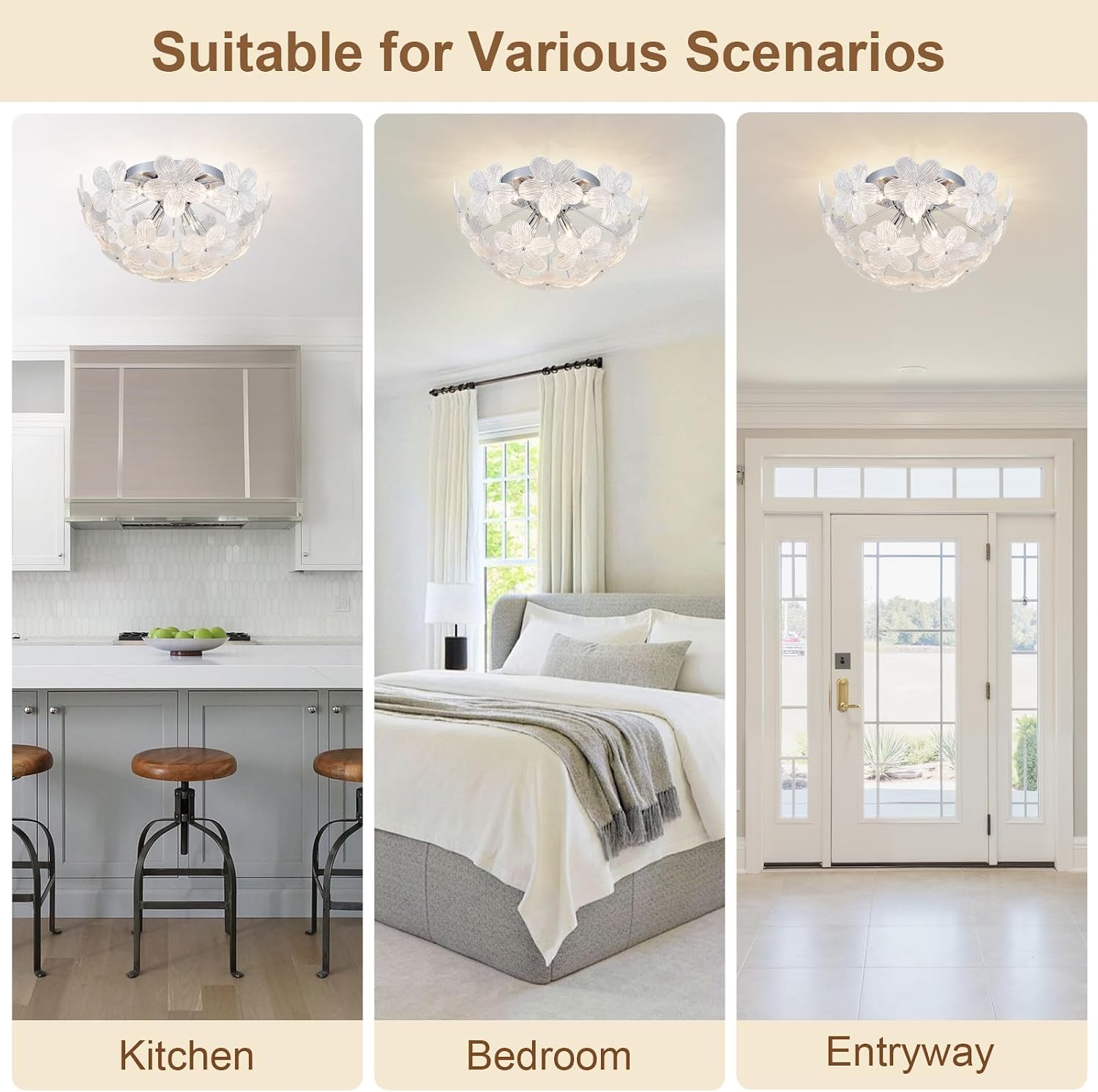 Floral Semi Flush Mount Ceiling Light Fixture Modern Flower Ceiling 6-Light Glass Chrome Chandeliers for Bedroom Closet Entryway Living Room Indoor Kitchen Foyer Hallway