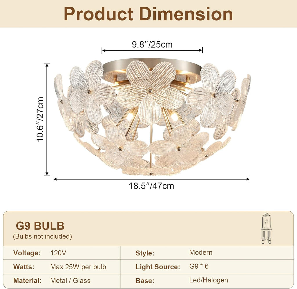 Modern Small Semi Flush Mount Ceiling Light Fixture, Flower Brush Nickel Ceiling Light Glass Chandelier for Bedroom Bathroom Closet Entryway Living Room Indoor Kitchen Foyer Hallway