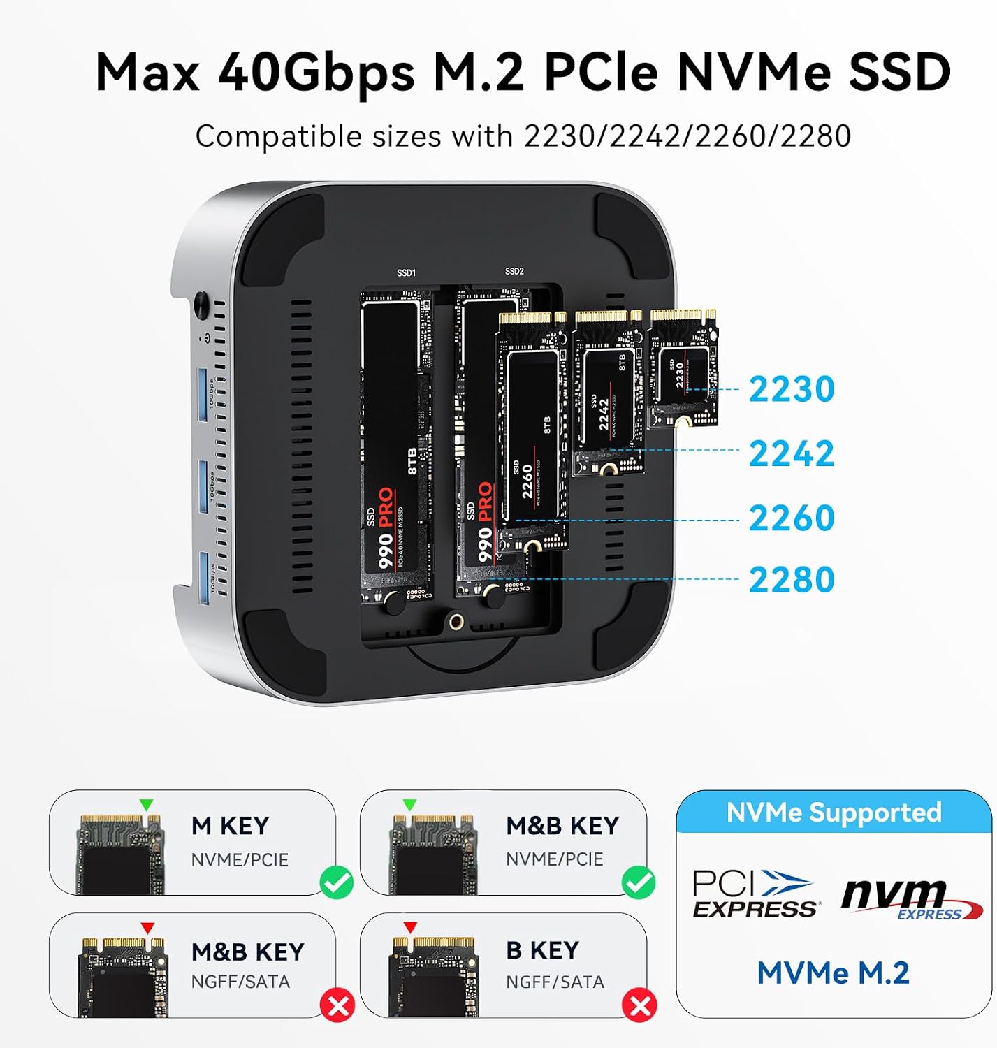 ACASIS 40Gbps Mac mini M4 Dock & Stand with Dual-Bay NVMe SSD Enclosure, Aluminum DP Hub for Mac mini M4 and M4 Pro 2024, 4K60Hz DP, 3X10G USB A, PD 30W, SD/TF 4.0, Support Dual SSD B+M M-Key