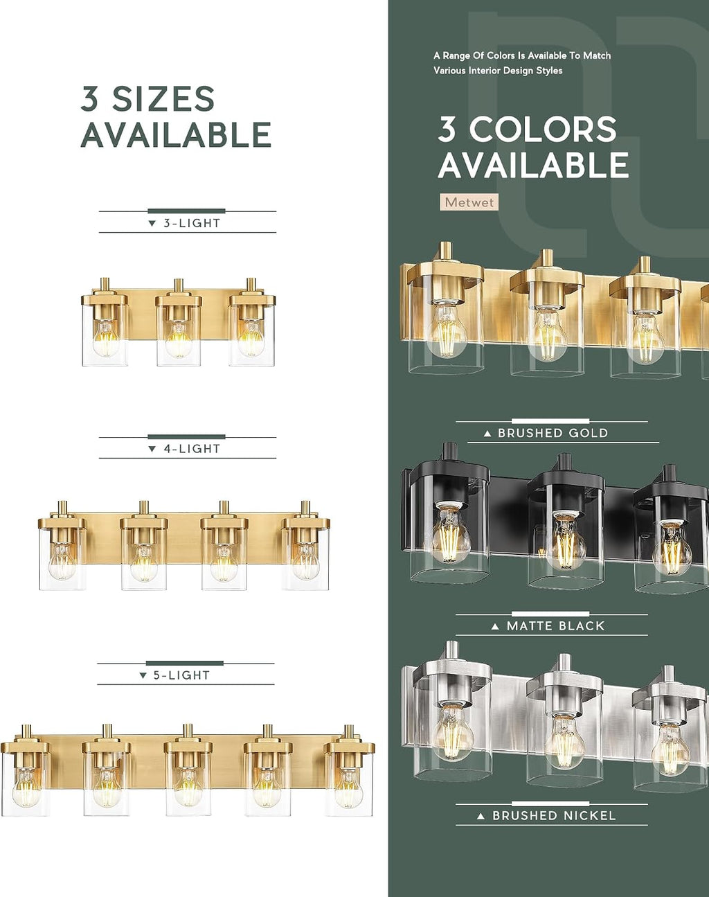 Bathroom Light Fixtures, 25' Brushed Gold Vanity Light, 4-Light Modern Wall Sconces with Square Clear Glass Shade, Vanity Lighting Fixtures Over Mirror, VL194-BG-4