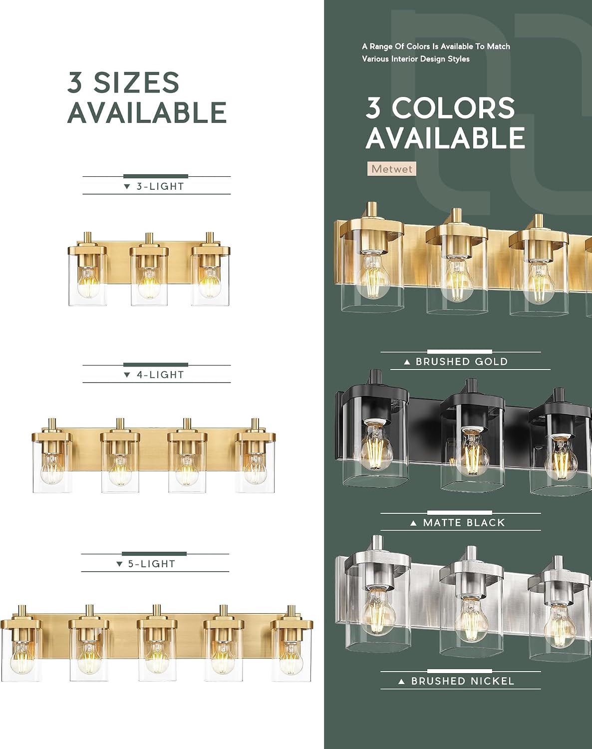 Gold Bathroom Light Fixtures with Square Clear Glass Shade | 30' Brushed Gold Vanity Light, 5-Light Modern Wall Sconces, Vanity Lighting Fixtures Over Mirror, VL194-BG-5