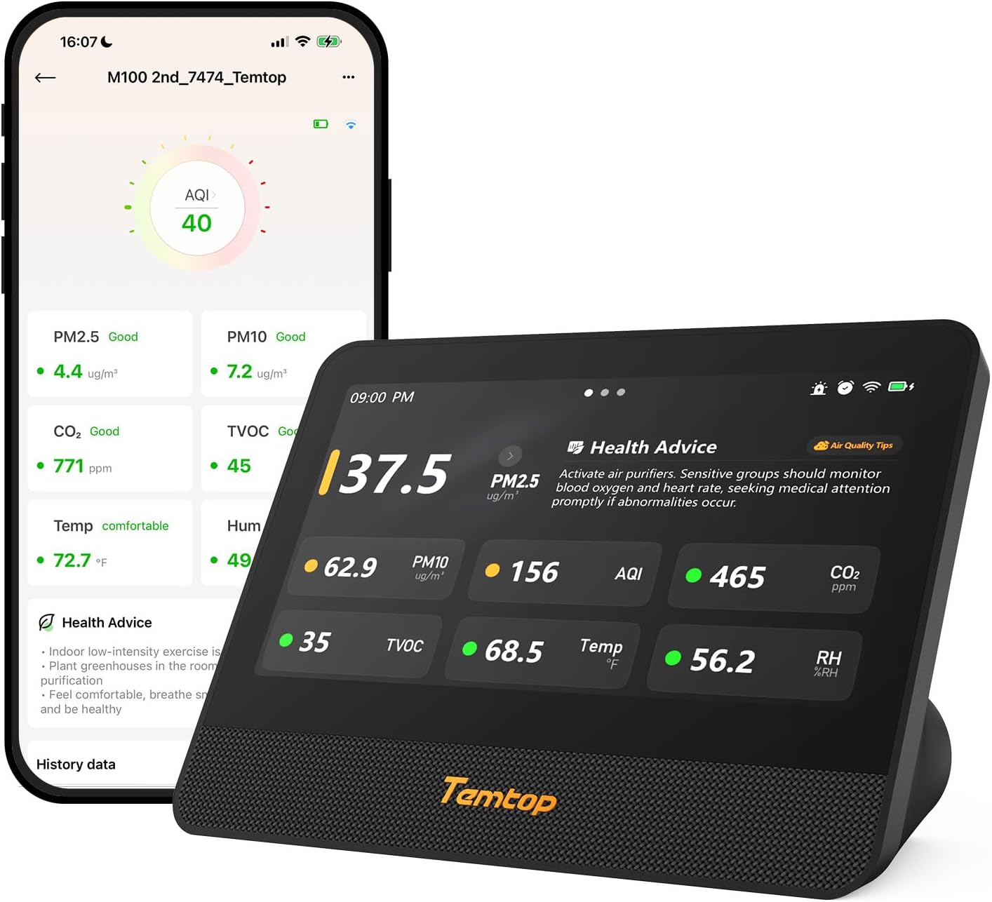 Temtop M100 2nd Gen Air Quality Monitor for Indoor Air, 7-Inch Touch Screen, Real-Time Tester for PM2.5, CO2, TVOC, Temp & Humidity, WiFi App & Multi-Room Monitoring with Smart Insights