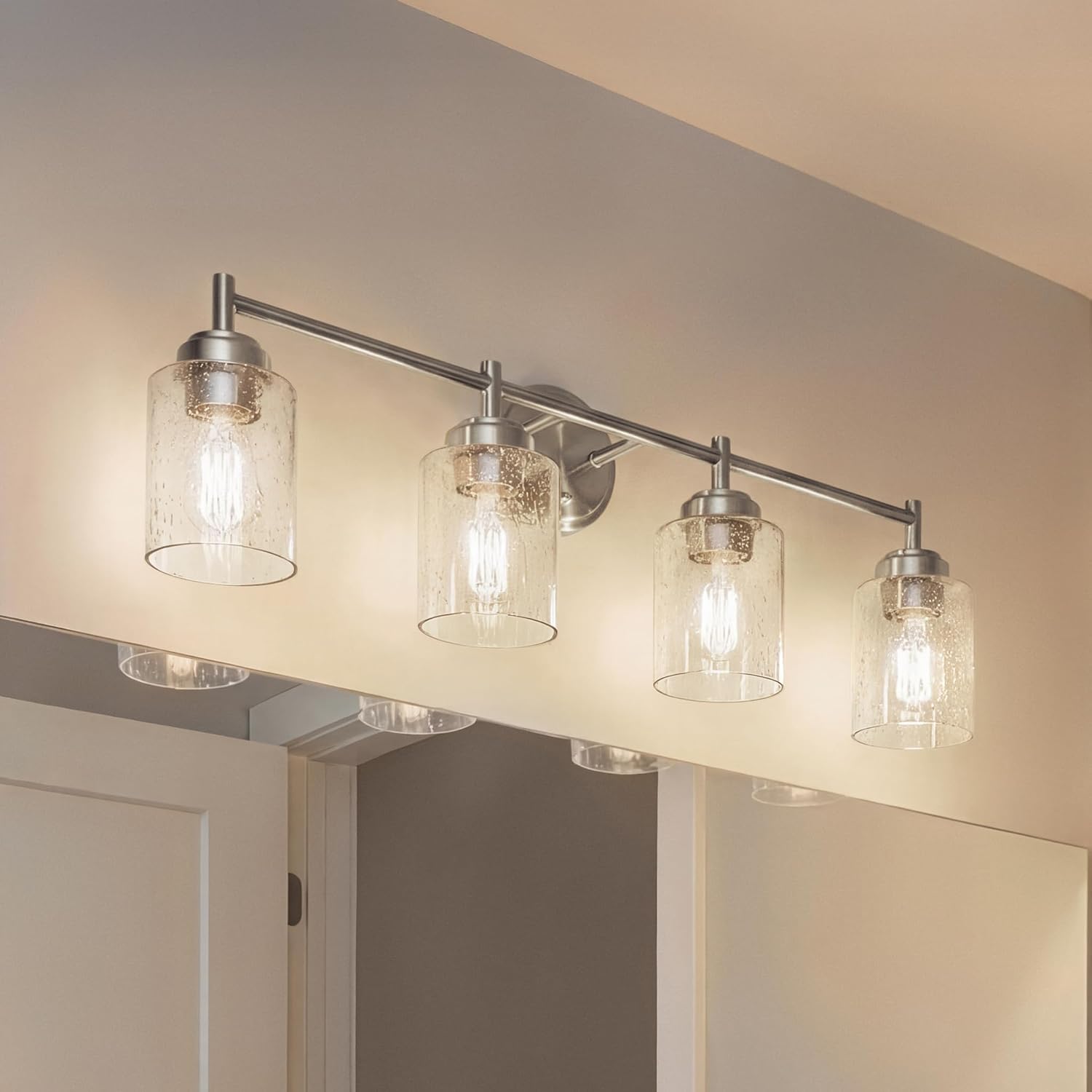Kichler Winslow 30' Vanity Light in Brushed Nickel, 4-Light Transitional Bathroom Light with Clear Seeded Glass. (30' W x 9.25' H), 45887NI