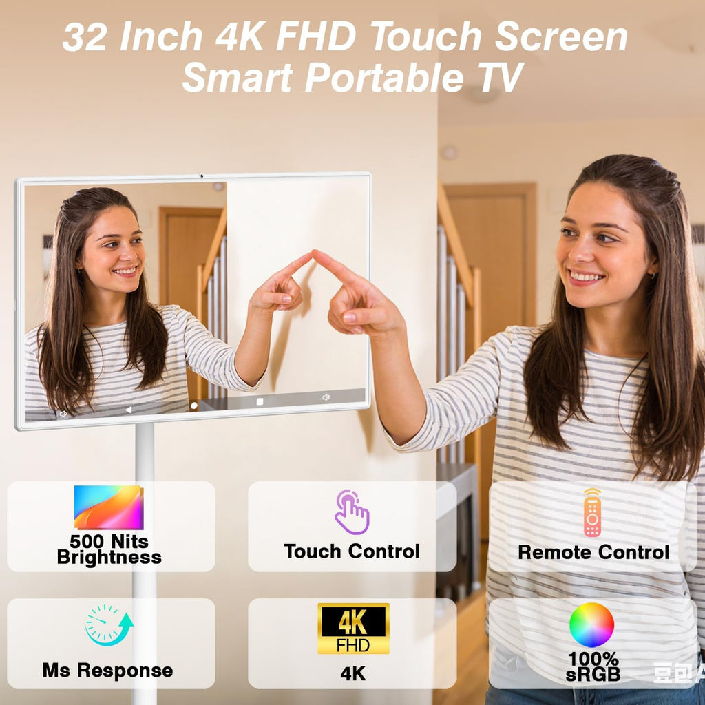 32-inch Smart Screen 4K Camera Portable TV |Wireless Portable TV on Wheels |Touch Screen Monitor | Android 13 OS (Support Google Store) Built-in Battery (5-8H) Full Swivel Rotation (8RAM+128GB)