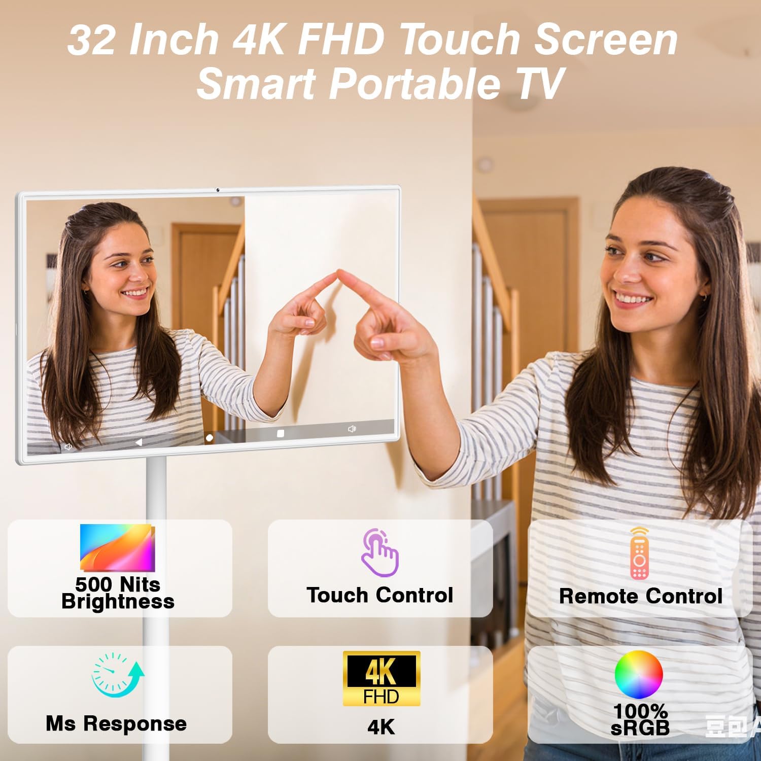32-inch Smart Screen 4K Camera Portable TV |Wireless Portable TV on Wheels |Touch Screen Monitor | Android 13 OS (Support Google Store) Built-in Battery (5-8H) Full Swivel Rotation (8RAM+128GB)
