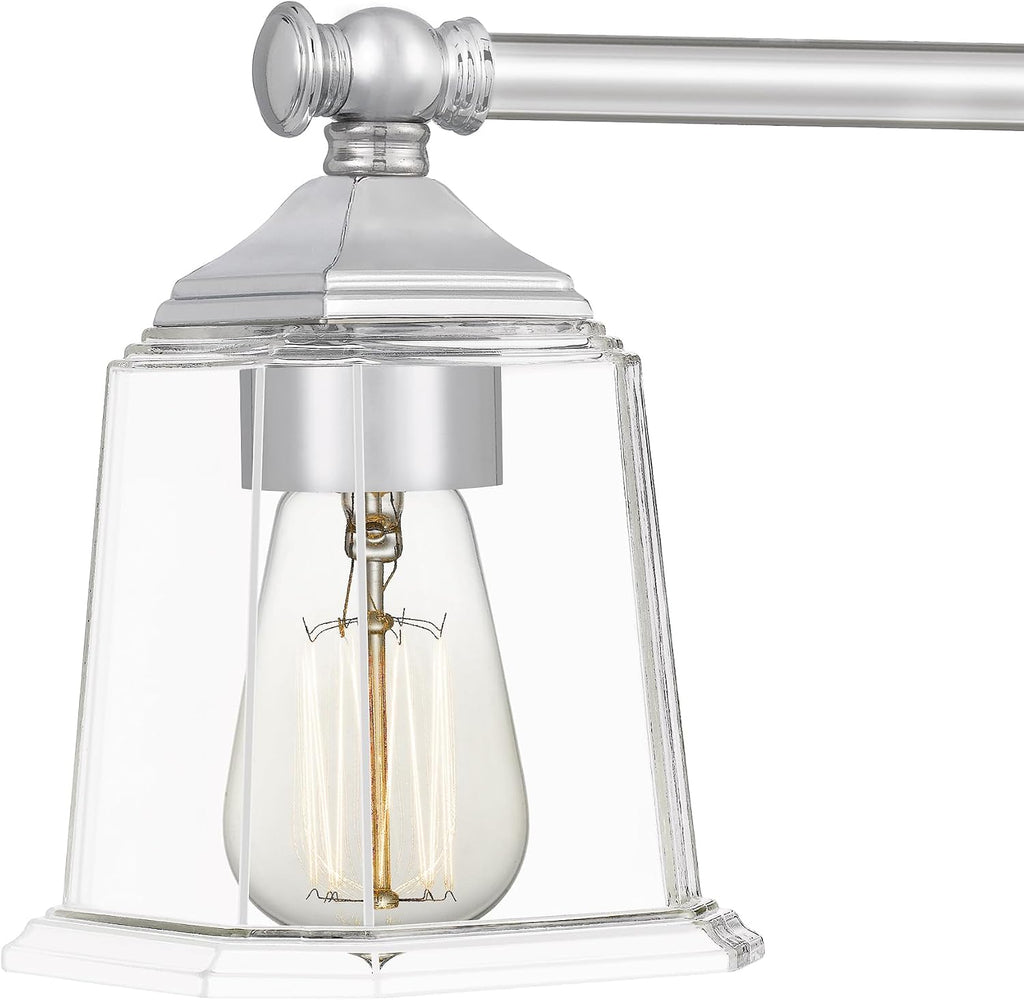 Quoizel Nicholas Vanity Lights, 15 Inch 2-Light Polished Chrome Bathroom Lighting Fixtures Over Mirror, 100W, Clear Glass, Mid-Century Wall Mount Light for Bathrooms, Kitchen or Hallway