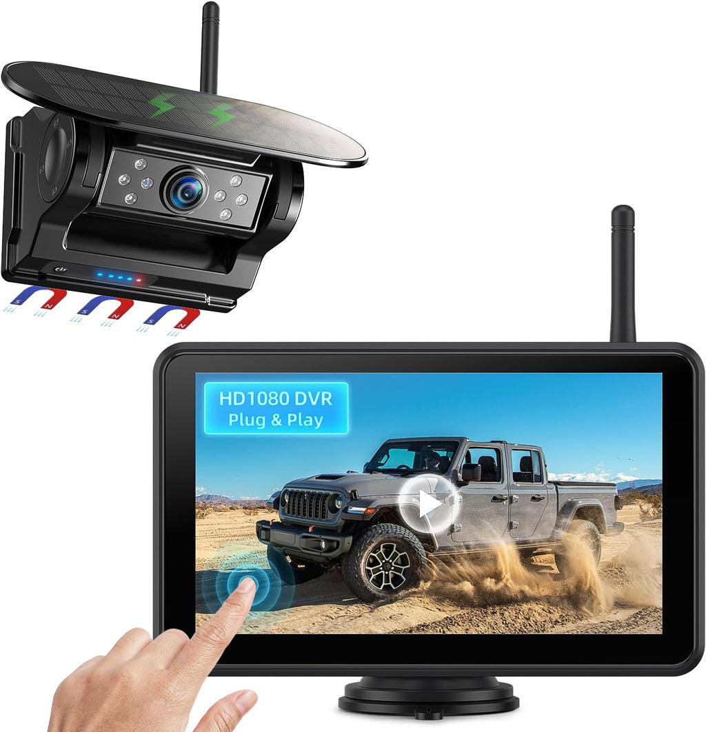 eRapta Magnetic Solar Wireless Backup Camera: HD1080P 7' Touchscreen Portable with DVR, BSD, 1-Min Install-Free IR Night Vision Hitch Backup Camera for Trailer/Truck/Small RV/Camper/Tractor-AWTCM701