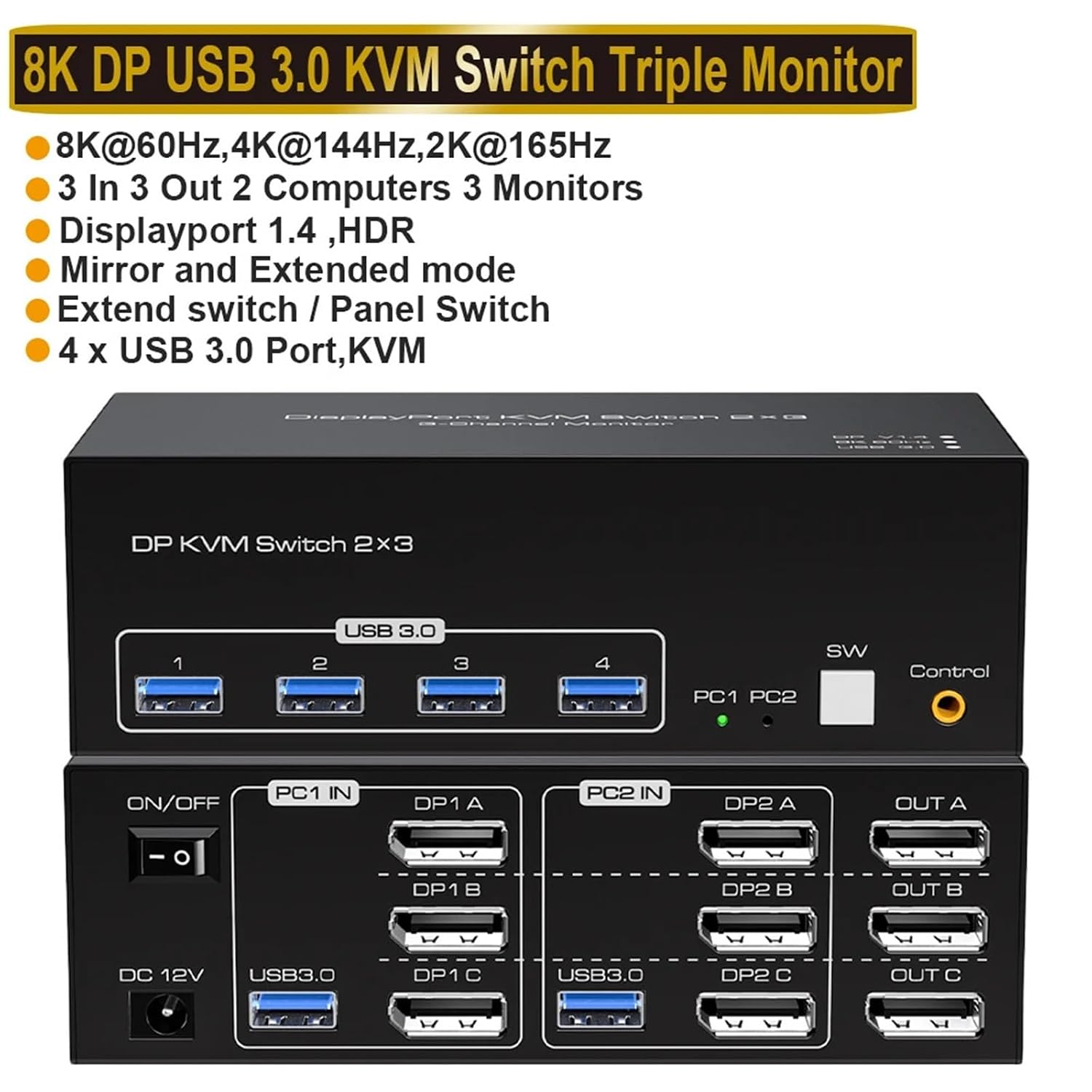 8K Triple Displayport USB 3.0 KVM Switch 3 Monitors 2 Computers 4K 144Hz 2x3 Triple Monitor HDMI DP KVM Switcher Keyboard Mouse(ZY-ASW233,AU Power Plug)