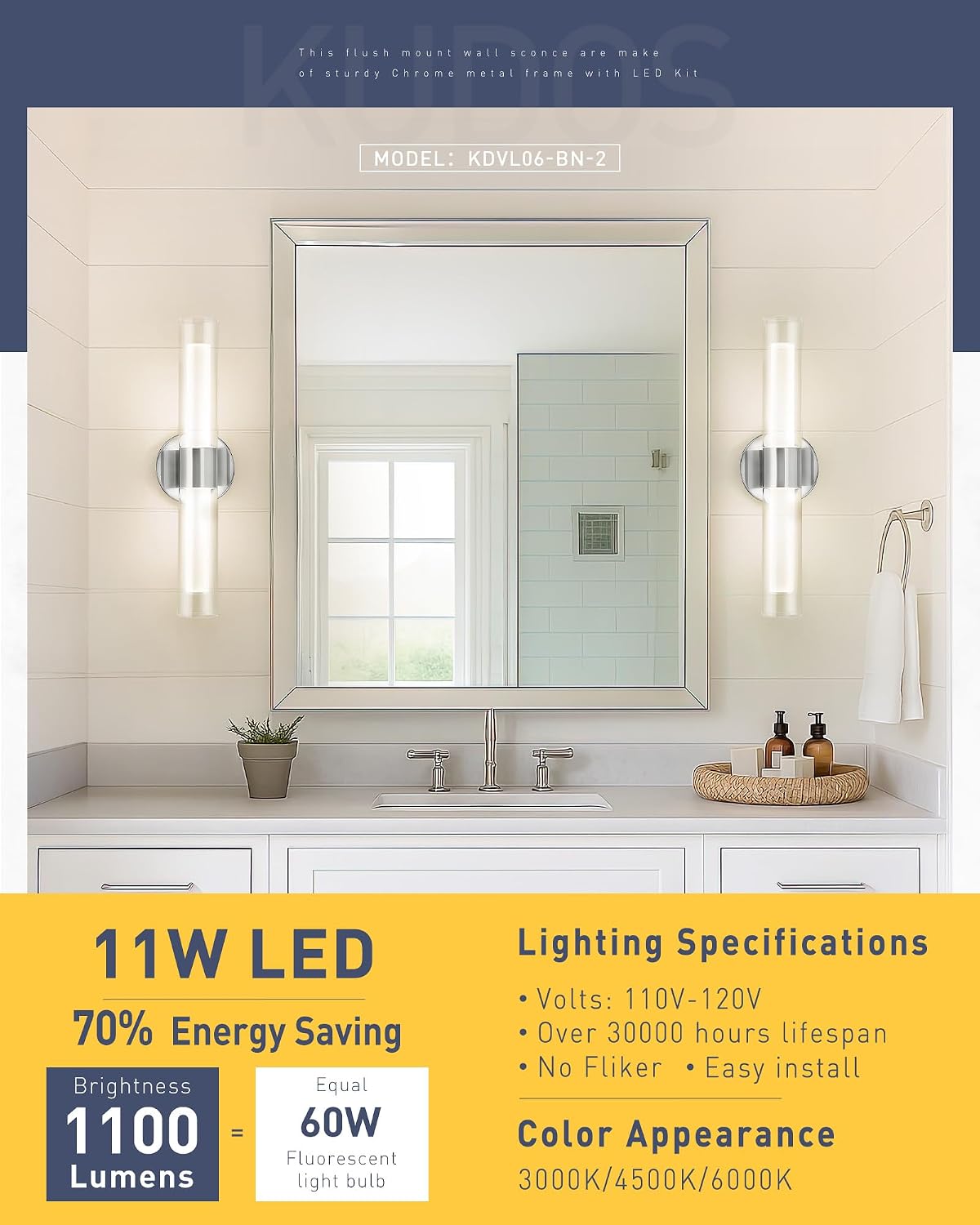 kudos Brushed Nickel Modern Sconces Wall Lighting, Bathroom sconces Set of 2 with Clear Glass and Frosted Glass, Modern LED Vanity Light for Bathroom, 3000K/4500K/6000K Adjustable,KDVL06-BN-2-2PK