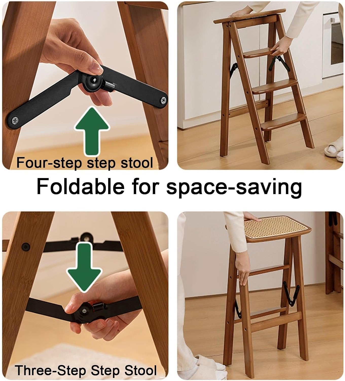Solid Wood Folding Stool with Footrest Design Reinforced Plywood Construction Home-use Foldings Chair Triangular Load-bearing Structure Thickened Hardware Fittings Non-slip Foot Pads Rounded Edges