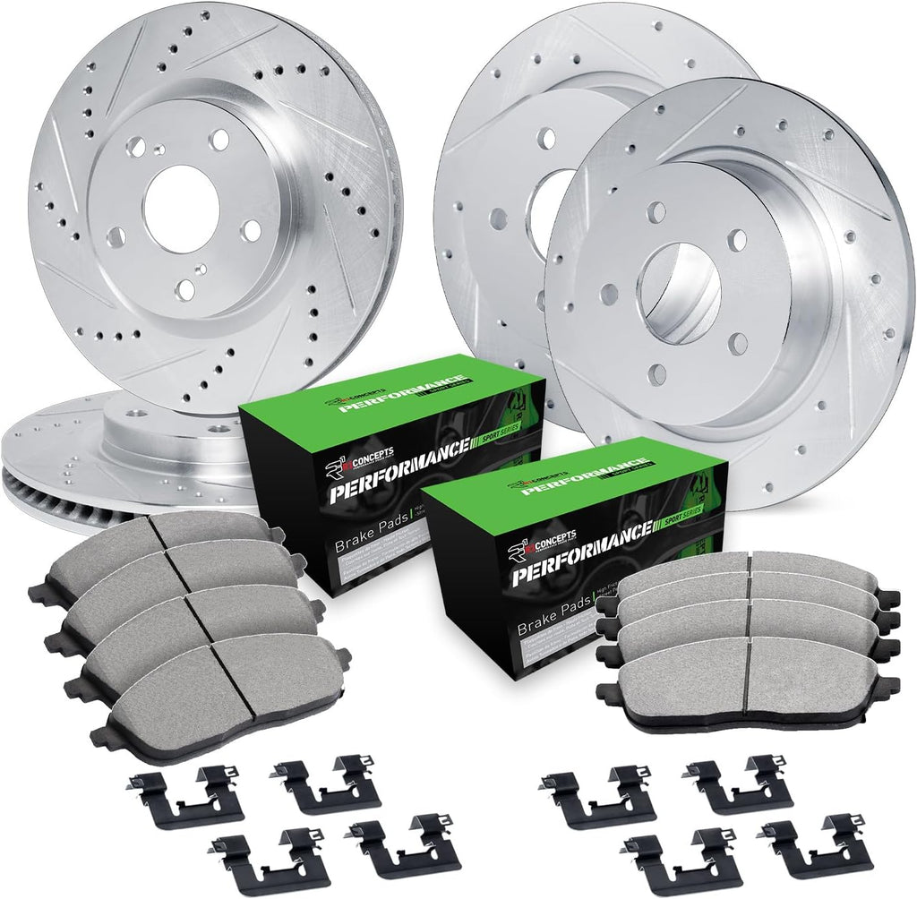 R1 Concepts Front and Rear Brake Kit Fits 2007-2010 Acura CSX; 2006-2011 Honda Civic| Performance Sport Pads, Drilled Slotted Rotors| Hardware| 11.8' Front & 10.2' Rear