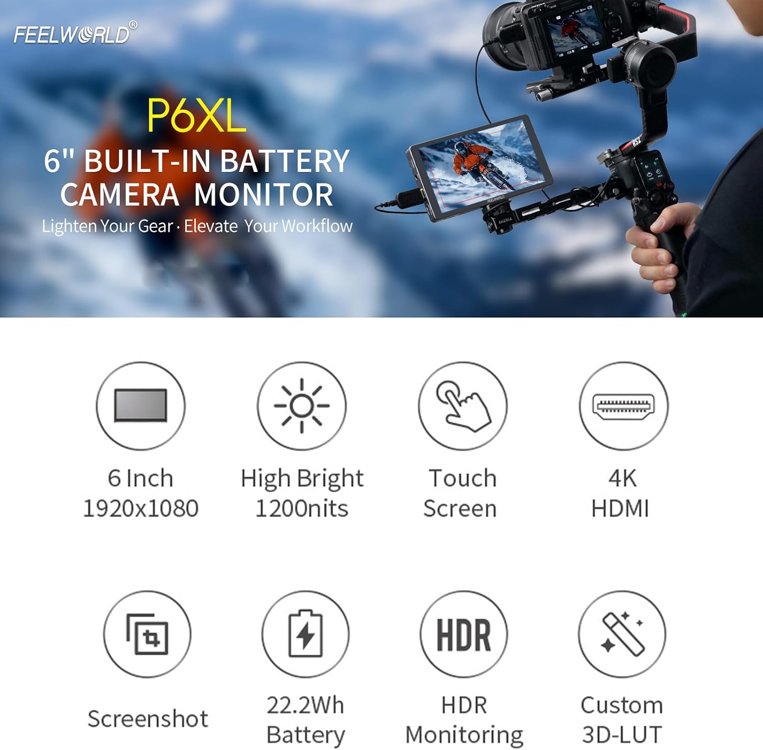 FEELWORLD P6XL 6 Inch Camera Monitor Built-in Battery,1200nits Bright,Touch Screen,4k HDMI/HDR Monitoring/Custom 3D-LUT