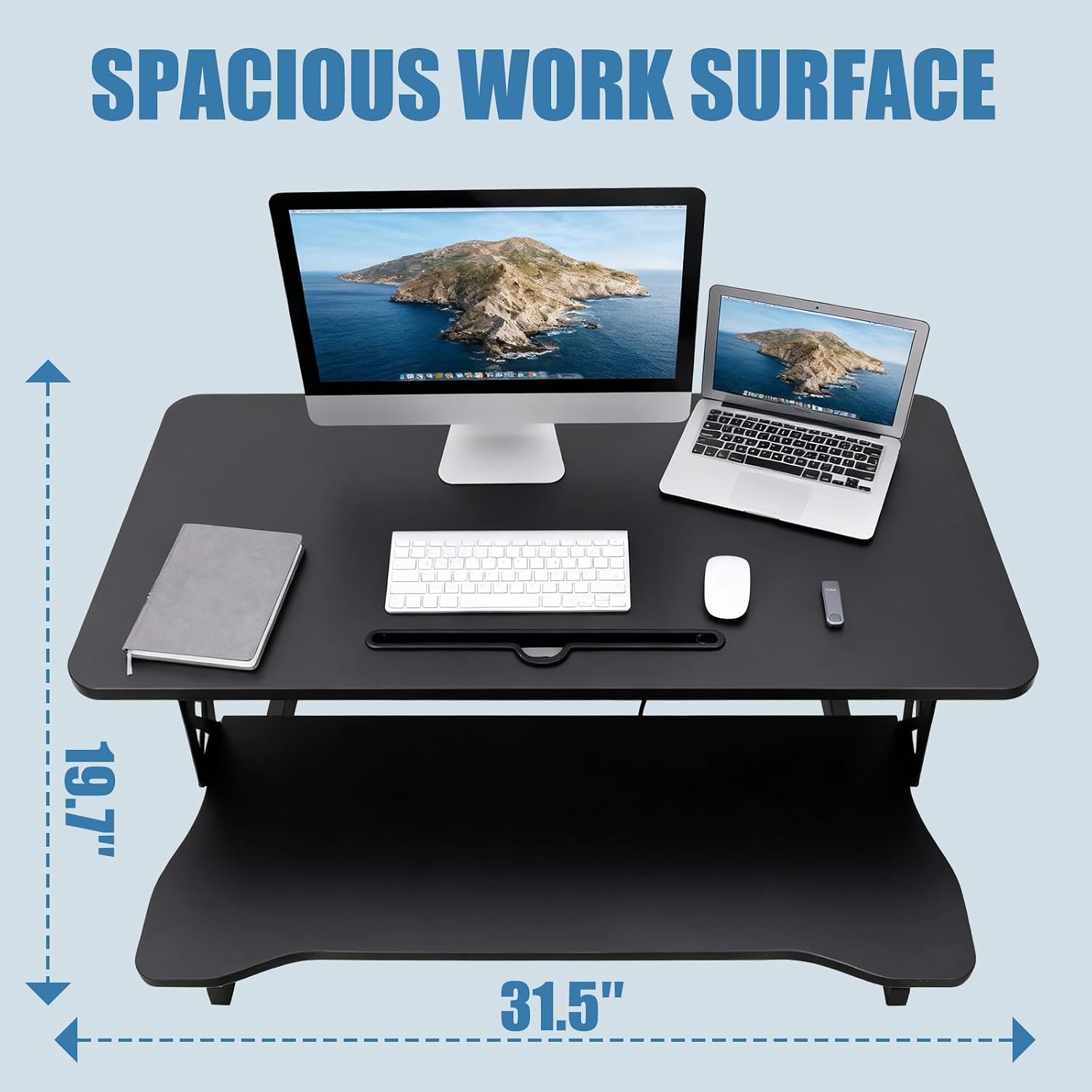 Standing Desk Converter, Height Adjustable Sit to Stand Riser, Dual Monitor and Laptop Workstation with Wide Keyboard Tray, Desk Lifter for Home Office
