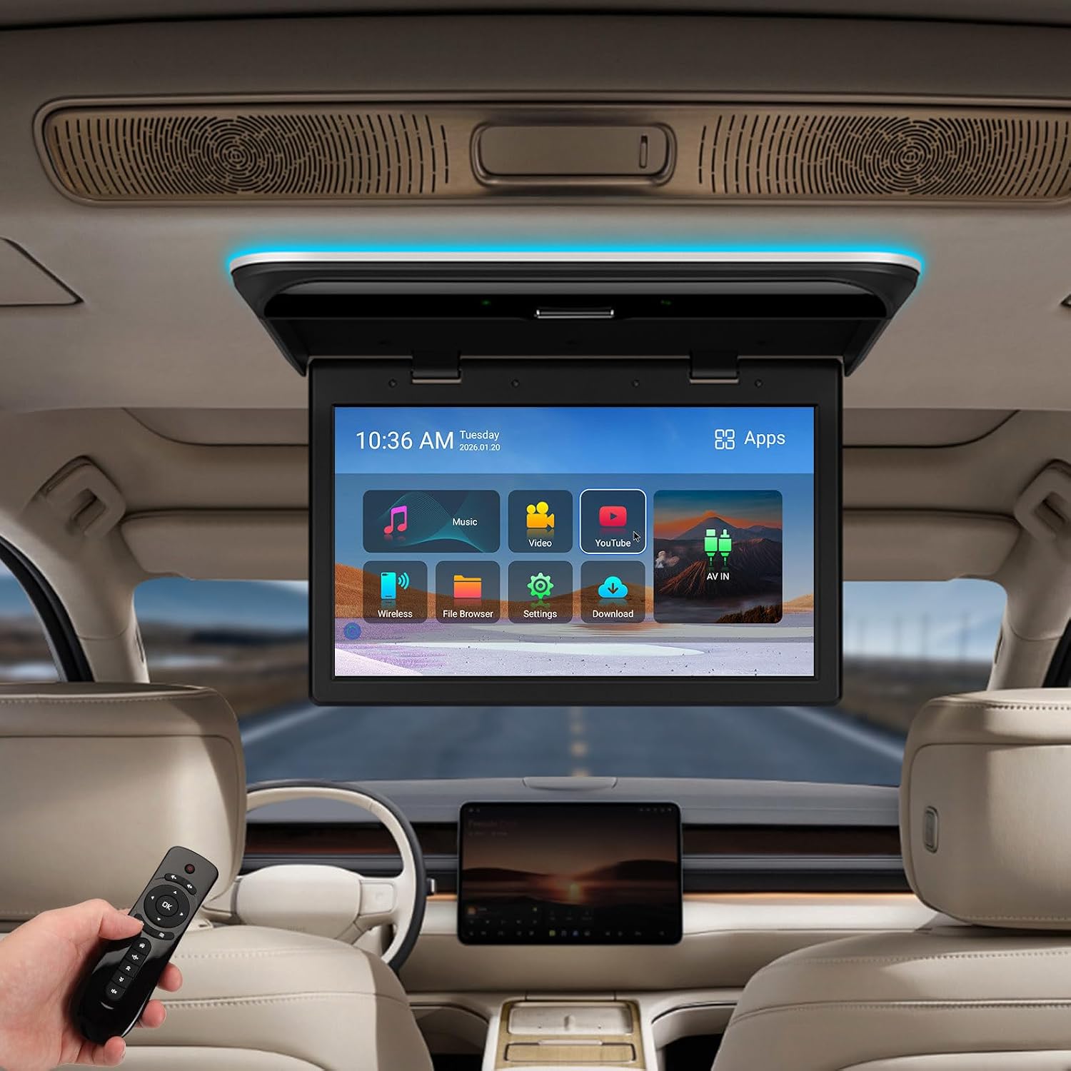 XTRONS 15.6' Android Car Overhead Player, 1366x768 HD Flip Down Roof Mount Monitor with Built-in Speaker, WiFi, Bluetooth, Supports HDMI USB Input, Screen Mirroring (2+32GB)