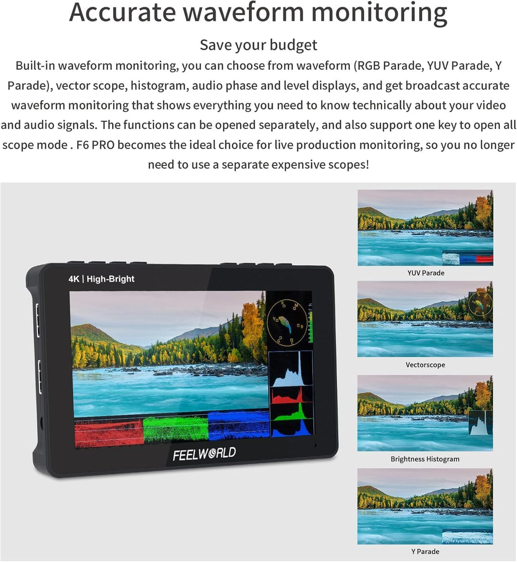 FEELWORLD F6 Pro +Battery +Carry Case 5.5 Inch 1600nits High Bright DSLR Camera Field Monitor with Touchscreen Waveform 3D LUT F970 External Kit Install 4K HDMI in Out Type-c Input