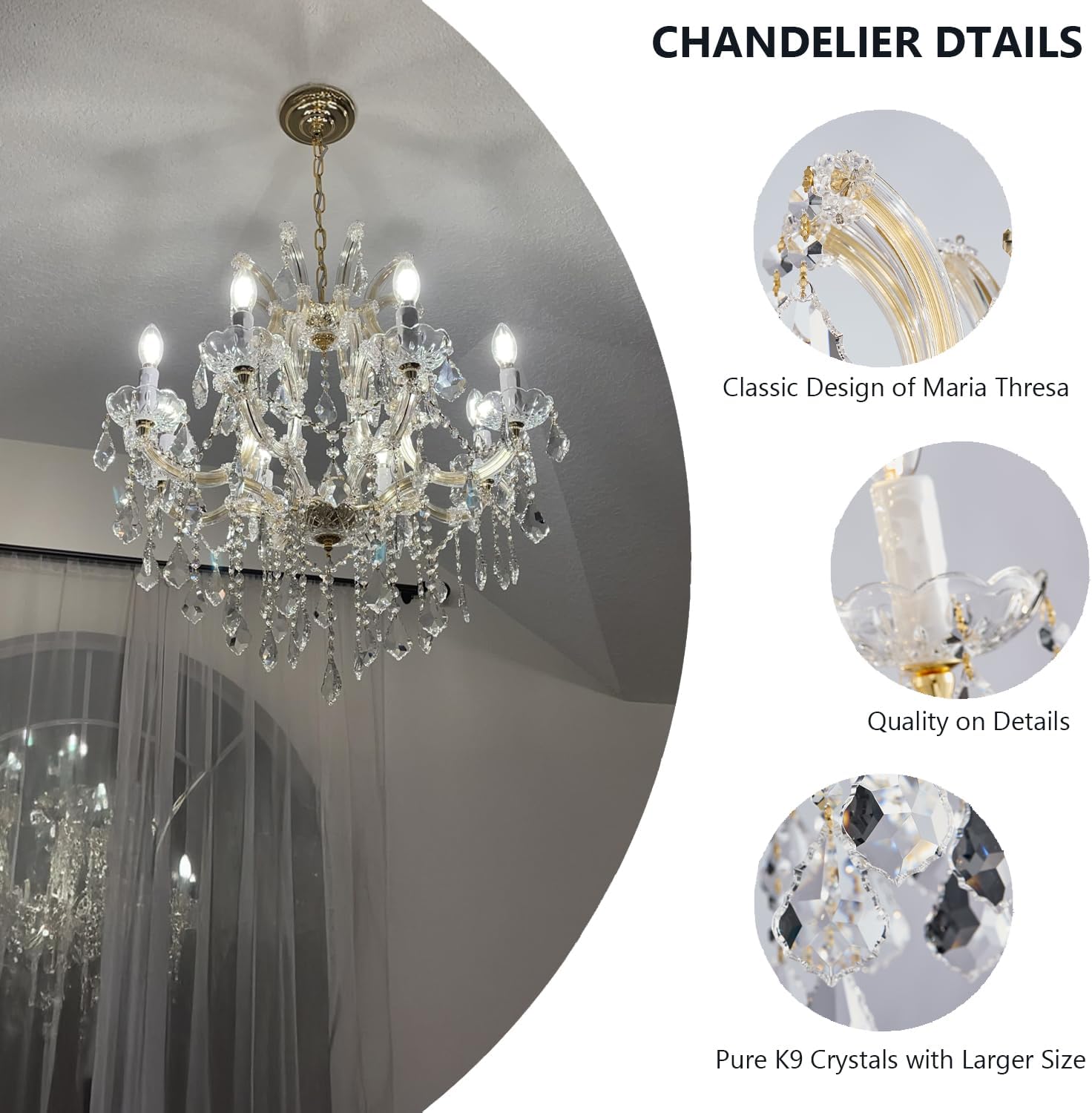 Modern Gold Chandelier Light Fixtures - 8 Lights Luxury Crystal Chandeliers for Dining Room, Kitchen Island, Living Room, Bedroom