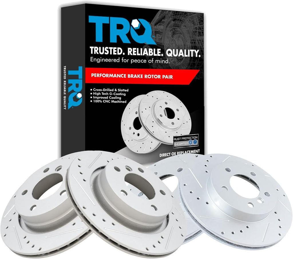 TRQ Performance Front and Rear Brake Rotor Set G Coated Drilled and Slotted Compatible with 1999-2000 BMW 323i 2000 323Ci 1999-2000 328i 2000 328Ci 2001-2006 325Ci 2001-2005 325i
