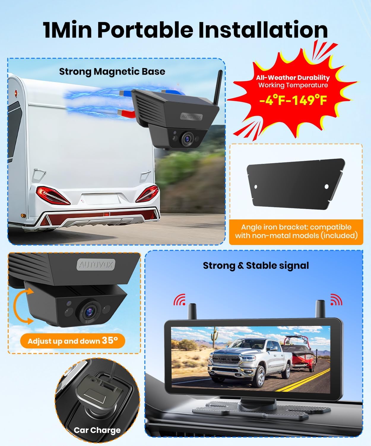 AUTO VOX Wireless Backup Camera Solar Magnetic: with 7.2' DVR 1080P 2 Split Recording Monitor, Dual Antenna Stable Signal,IP69K & 1-Min Install,HD IR Night Vision for Truck, Trailer, RV, Camper