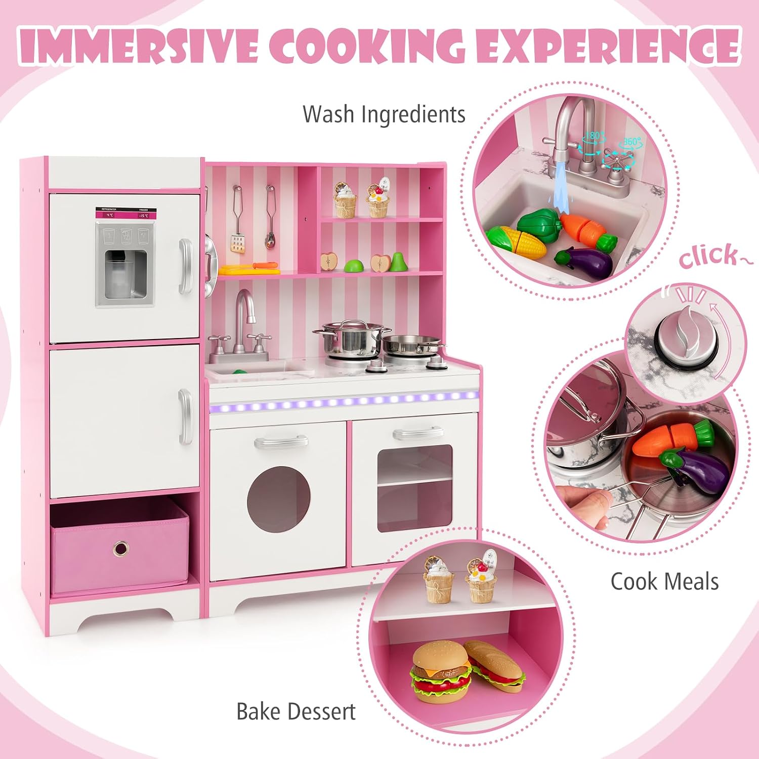 HONEY JOY Kids Kitchen Playset with Lights, Wooden Little Chef Toy Kitchen Set with Storage Bin, Ice Maker & Oven & Stove, Cooking Utensils, Play Kitchen for Toddlers, Gift for Boys Girls, Pink