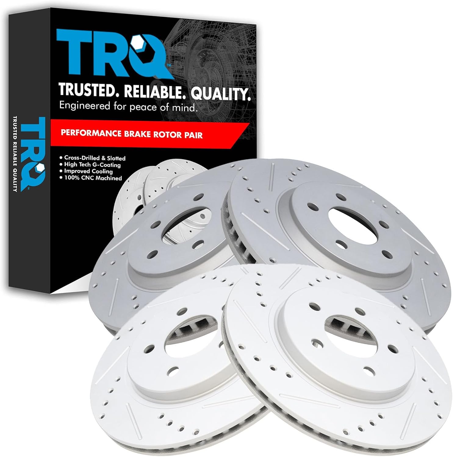 TRQ Performance Front and Rear Brake Rotor Set G Coated Drilled and Slotted Compatible with 2005-2014 Ford Mustang