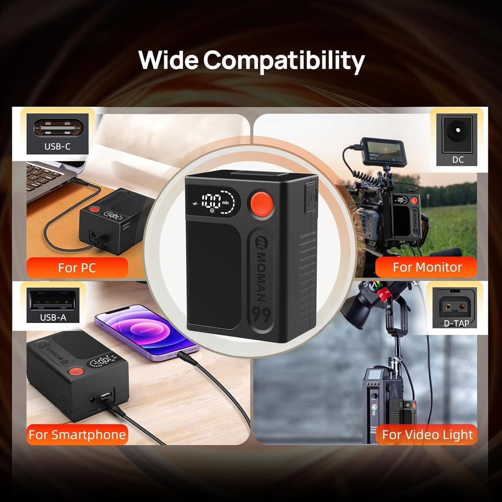 Moman V-Mount Battery, Power 99 Camera bettert Mini V Lock Batterys 99Wh/6900mAh with Time Display Compatible with Smallrig BMPCC 4k 6k Camera Camcorder Monitor D-TAP/USB-C/A Output