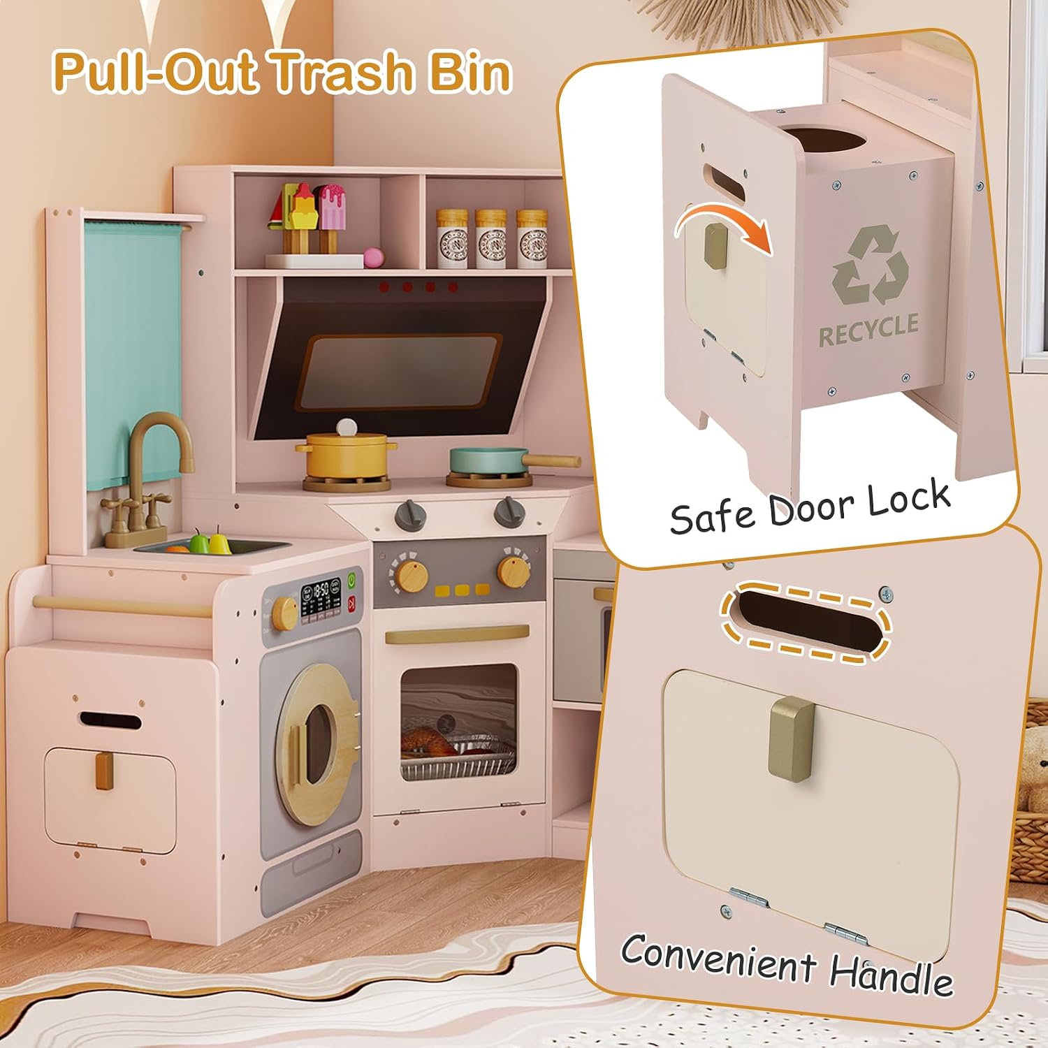 GLACER Corner Wooden Play Kitchen with Real Lights & Sounds, Pretend Kids Kitchen Playset with Trash Bin, Accessories, Dishwasher, Microwave Oven, Cooking Play Set for Toddlers Ages 3+ (Pink)