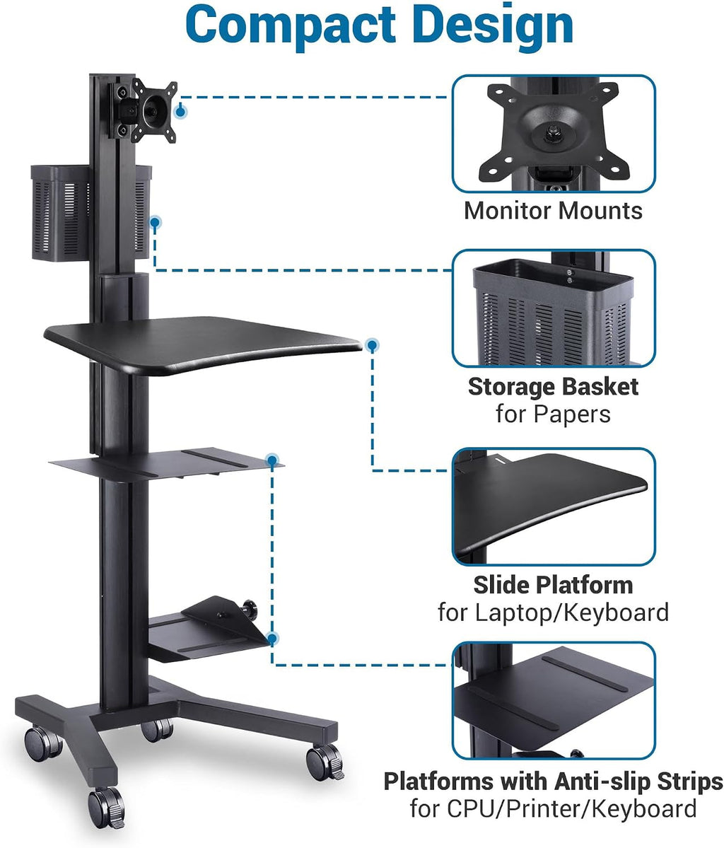 AW Mobile Computer Cart Medical Rolling PC Stand Desk Workstation on Wheels with Monitor Mount Adjustable Keyboard Tray CPU Printer Holder for Hospital School ANSI/BIFMA X5.5-2021 Certificated Black
