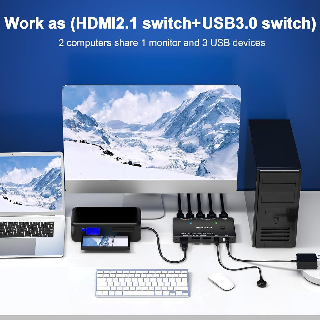 HDMI KVM Switch 2 Computers 1 Monitors, 8K@60Hz/4K@120Hz Monitor KVM Switch 2 Port for 2 PCs Share 1 Monitor, with 3 USB3.0 Ports, USB Cables and Power Adapter (8K HDMI 2 in 1 Out KVM)