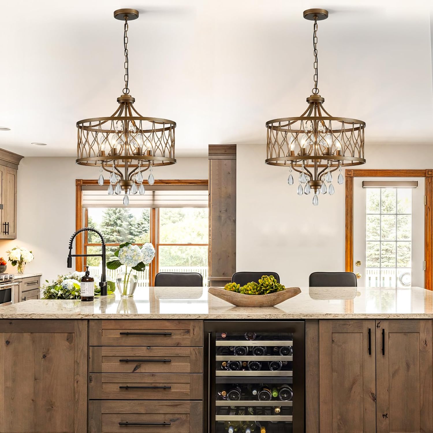 Modern Crystal Chandelier, 5-Light Farmhouse Bronze Chandelier for Dining Room Vintage Hanging Pendant Light Fixtures Round Chandelier for Kitchen Island Entryway Foyer Bedroom Office Bar