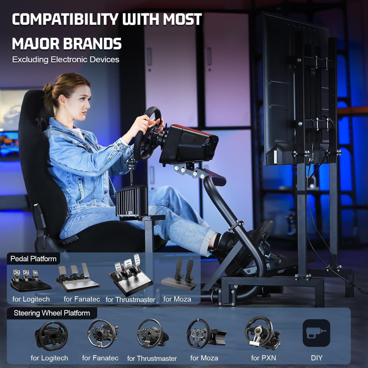 Marada Driving Racing Simulator Cockpit with Monitor Stand & Black Seat Fit for Fantec, for Logitech G923 G25 G920, for Thrustmaster T500 Wheel and Pedals Not Included