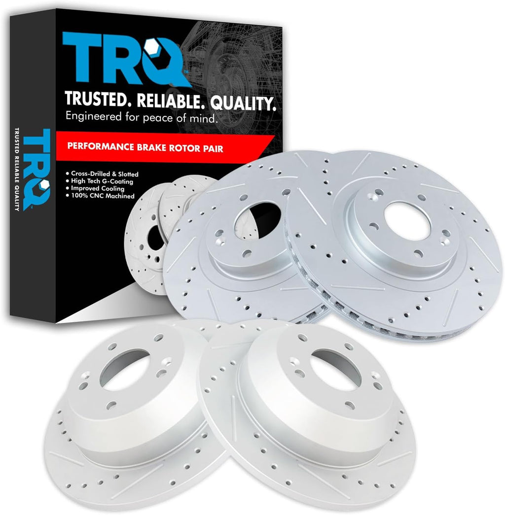 TRQ Performance Front and Rear Brake Rotor Set G Coated Drilled and Slotted Compatible with 2013-2018 Hyundai Santa Fe Santa Fe Sport 2019 XL 2014-2015 Kia Sorento
