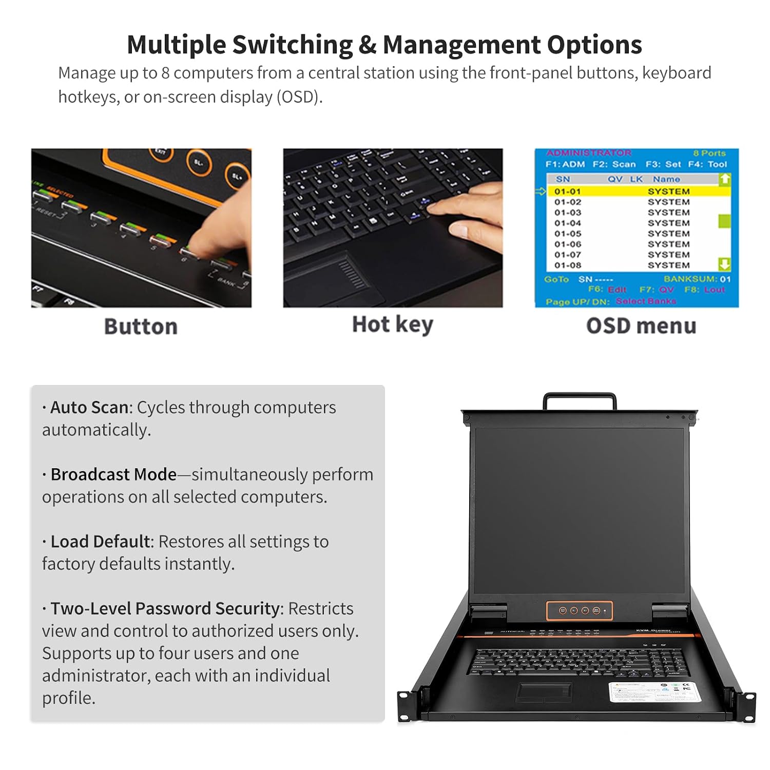 1U Rack Mount KVM Console w/8 Port Cat5 KVM Switch +8 VGA to RJ45 Dongles, 19' Rackmount Monitor and Keyboard, OSD/Hotkey/Button Switching,1280×1024@60Hz,Support Windows, Linux, Mac and Sun