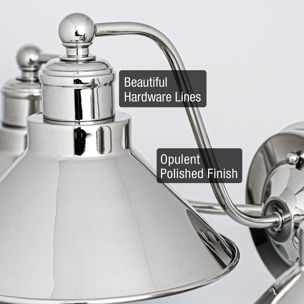 Kira Home Welton 25.5' 3-Light Modern Farmhouse Vanity Light with Funnel Shades, Industrial Wall Sconce Bathroom Light, Polished Nickel Finish