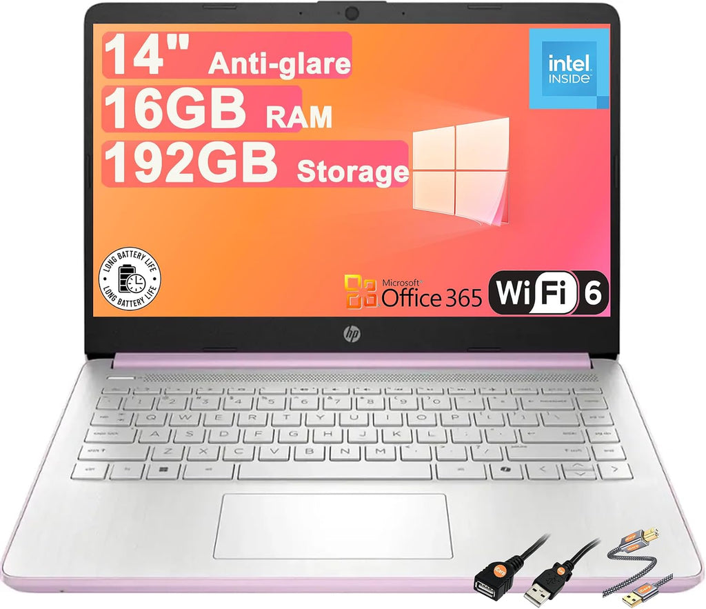 HP 14 Lightweight Business & Student Portable Laptop 14' HD Anti-Glare Intel 4-core N150 16GB RAM 192GB Storage (128GB UFS + 64GB SD Card) Long-Lasting Battery Office365 (1-yr) Win11 ICP Accessory