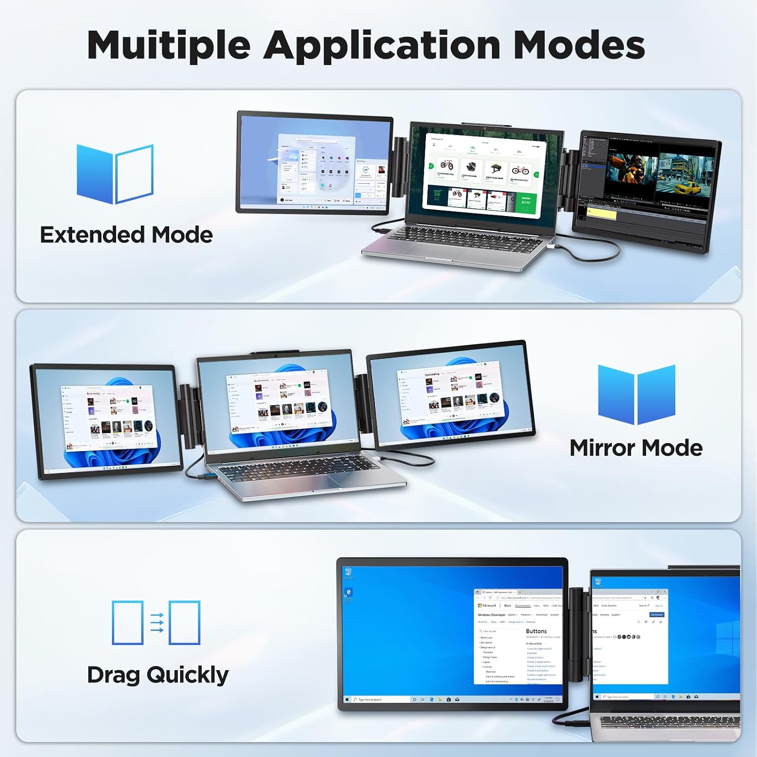 Laptop Screen Extender Monitor Portable, 14' 1200P Triple Screen Laptop Monitor Extender, 16:10 FHD IPS Laptop Monitor Extender Type-C/HDMI Plug & Play Laptop Extension for Mac/Wins/Android/Chrome