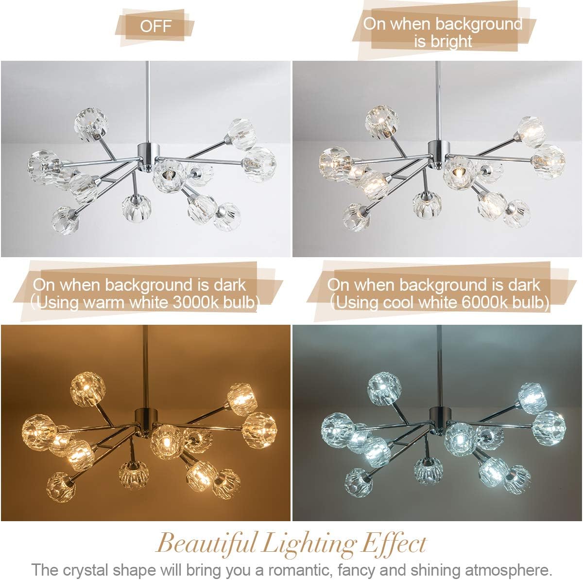 Weesalife Sputnik Chandeliers for Dining Room Light Fixture Over Table, Modern Crystal Chandeliers, 12 Lights Chrome Lighting Fixtures for Living Room Bedroom Kitchen Island Bar