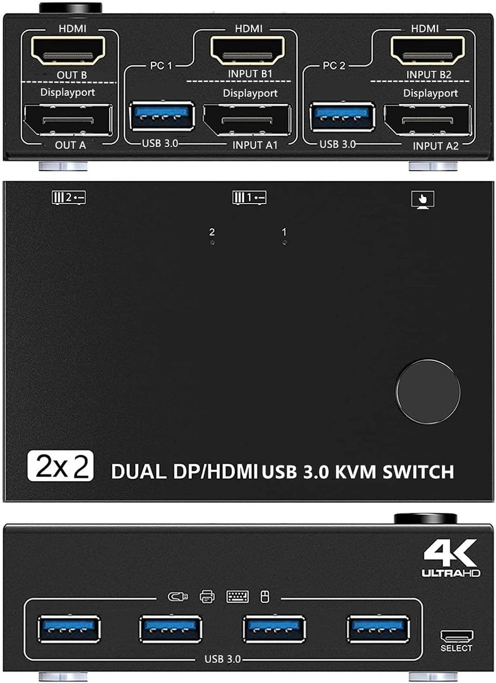 HDMI USB 3.0 Dual Monitors Displayport KVM Switch,Supports for 2 Computers Share Keyboard Mouse and Monitor