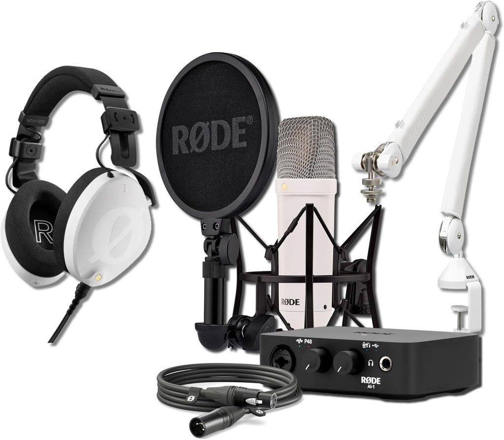 Rode NT1 Signature Series Condenser Microphone (White) with W PSA1+ Broadcast Microphone Boom Arm, W NTH-100 Professional Over-Ear Headphones and AI-1 USB Audio Interface