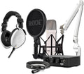 Rode NT1 Signature Series Condenser Microphone (White) with W PSA1+ Broadcast Microphone Boom Arm, W NTH-100 Professional Over-Ear Headphones and AI-1 USB Audio Interface