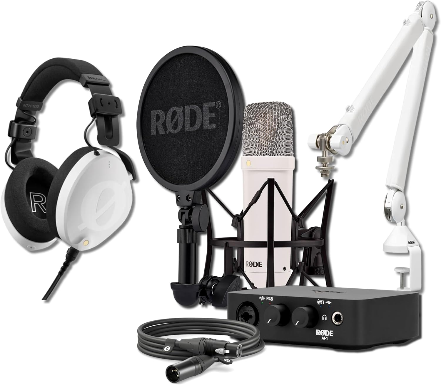 Rode NT1 Signature Series Condenser Microphone (White) with W PSA1+ Broadcast Microphone Boom Arm, W NTH-100 Professional Over-Ear Headphones and AI-1 USB Audio Interface