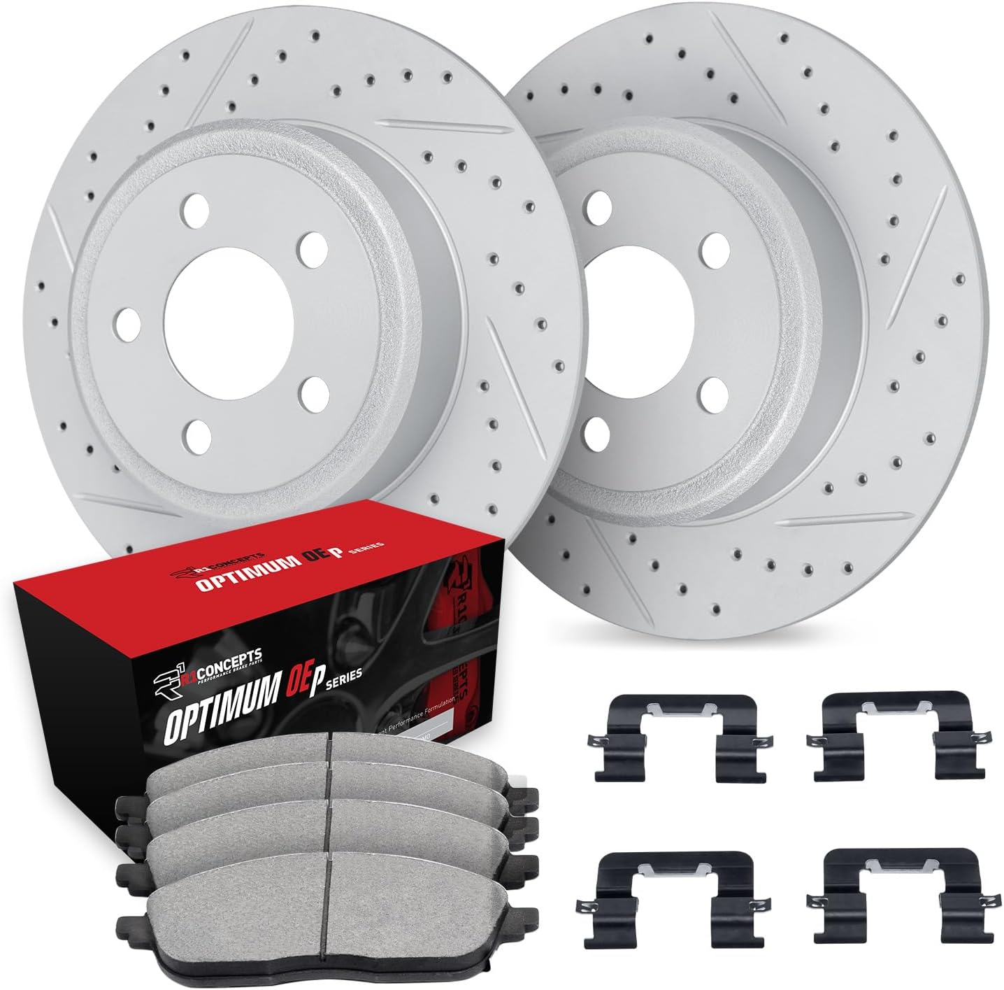 R1 Concepts Rear Brake Kit Fits 2006-2011 Acura CSX; 2013-2015 Acura ILX; 1997-2001 Honda Prelude; 2006-2015 Honda Civic| Optimum Oep Pads, Drilled Slotted Rotors| Hardware| 10.2' Rear