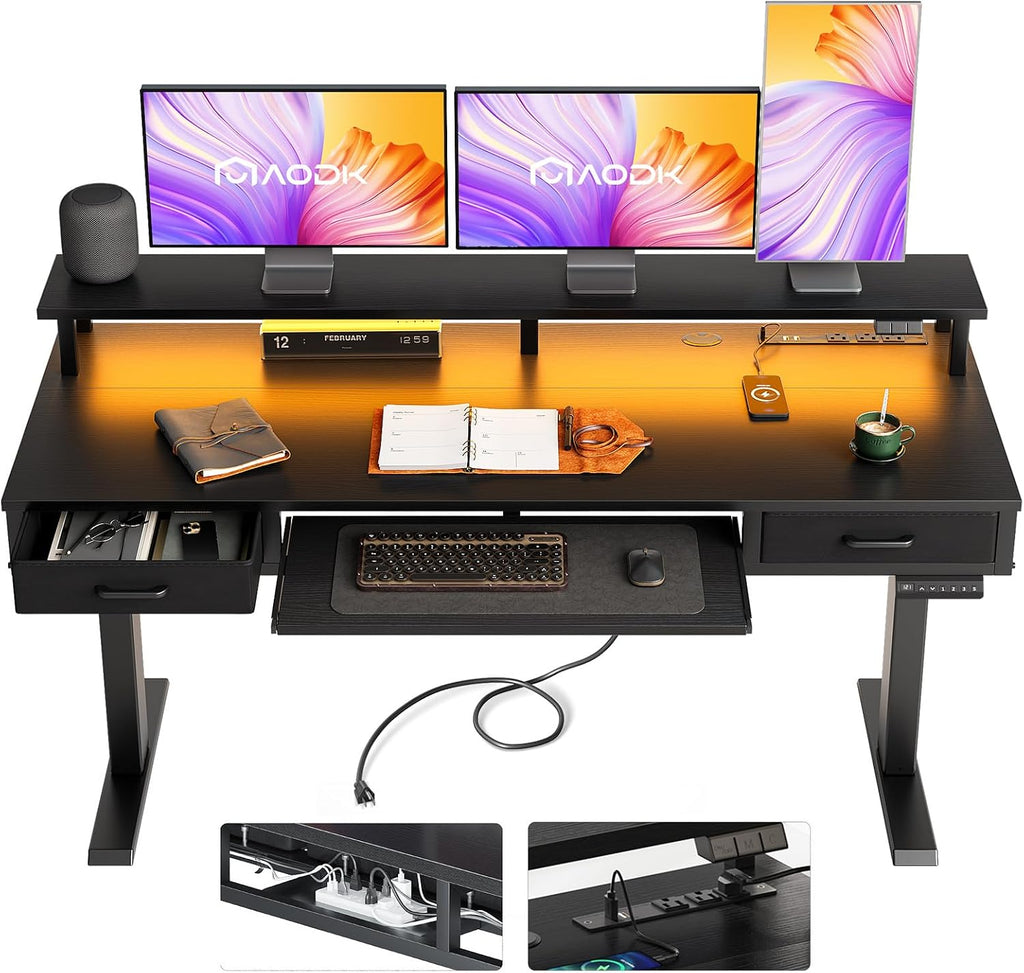 AODK Electric Standing Desk with Drawers & Keyboard Tray, 63 Inch Height Adjustable Gaming Desk with Power Outlets & LED Lights, Sit Stand Table with Monitor Stand for Home, Office, Black